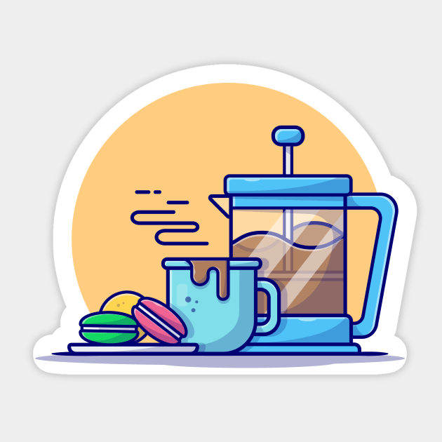 Hot Coffee With Teapot And Macaroon Cartoon Vector Icon Illustration Sticker by Catalyst Labs